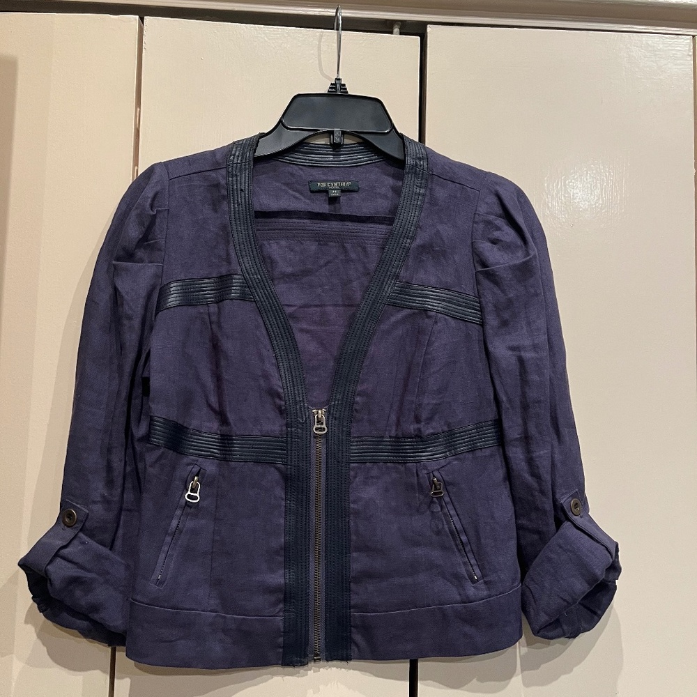 For Cynthia Navy Cotton Jacket with Black Faux Leather Trim PS